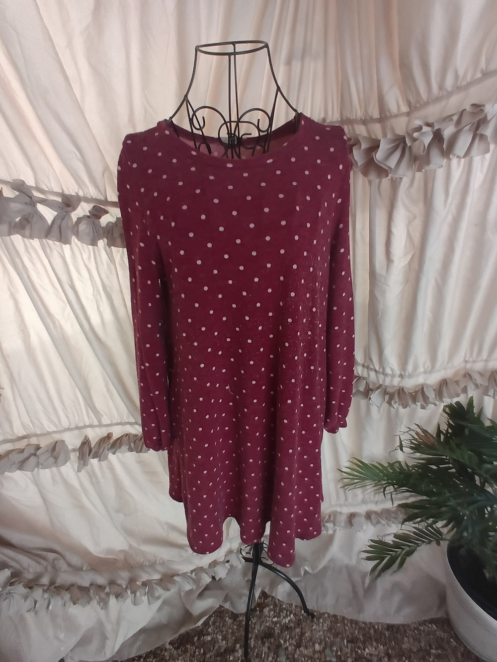 Lovely Melody Boutique Wine Polka Dot Long Sleeve Swing Dress